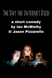 Photo of 3 teens in the dark, holding smartphones, title of one-act comedy 