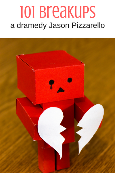 An origami man with two halves of a paper heart, text at top reads 
