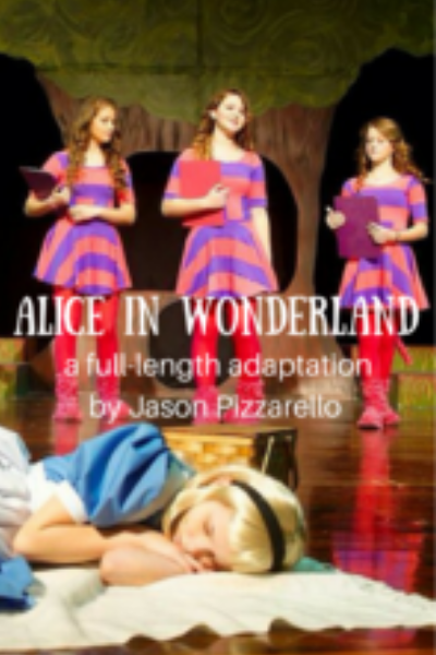 Production photo from Alice in Wonderland, a full-length adaptation, featuring three female actors in striped dresses looking down at Alice asleep on the ground