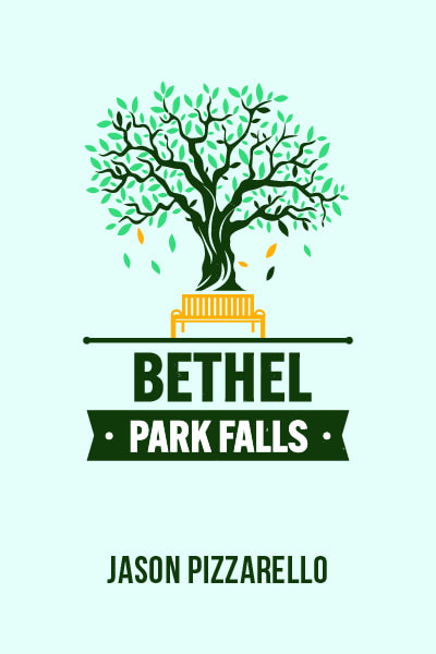 A tree grows out of a bench, text below reads Bethel Park Falls by Jason Pizzarello