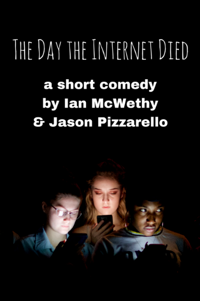 Photo of three young people surrounded by darkness, faces lit by phones, text at top reads 