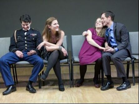 FoProduction photo of four characters from After People Like You sitting in a row of chairs.