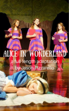 Alice in Wonderland, a full-length adaptation by Jason Pizzarello from the stories of Lewis Carroll, production photo sleeping Alice with three girls in striped dresses standing behind her.