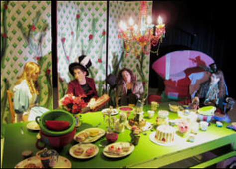 Production photo of characters at mad tea party from Alice in Wonderland (one-act version) by Jason Pizzarello.