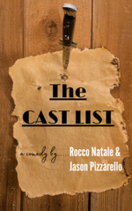 The Cast List, a comedy by Rocco Natale and Jason Pizzarello, written on a piece of paper with a knife stuck in it. links to Stage Partners site where play script PDF can be read online for free.