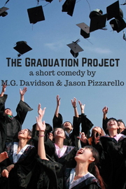 Photo of high school students graduating throwing hats in air, title of one-act comedy 